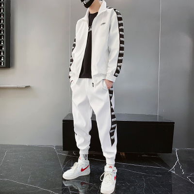 珂卡慕(KEKAMU)男士秋季两件套韩版潮流大码休闲潮牌宽松嘻哈运动卫衣套装外套男白色M
