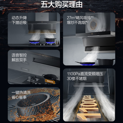 万和一级能效7字型27m³大吸力侧吸油烟机智能语音自适应巡航热清洗顶侧双吸CXW-200-WL970(pro)