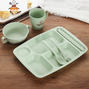 日式创意小麦秸秆餐具儿童餐盘套装宝宝防摔家用卡通分格盘快餐盘 六件套升级款[绿色] 敬平