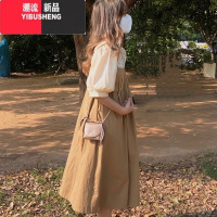 YIBUSHENG胖mm套装裙显瘦遮肚泡泡袖学生森系背带连衣裙女小个子两件套季