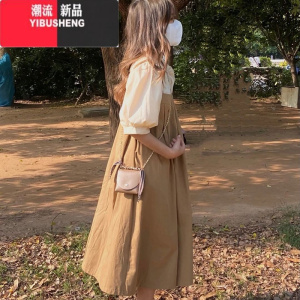 YIBUSHENG胖mm套装裙显瘦遮肚泡泡袖学生森系背带连衣裙女小个子两件套季
