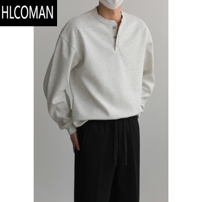 HLCOMANZPZ韩国宽松套头亨利领长袖T恤卫衣男秋季潮牌打底衫上衣薄款外套