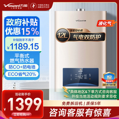 万和 二级能效 12升平衡式燃气热水器液化气恒温 可装浴室 主动防CO中毒 ECO节能JSG24-WE3W12