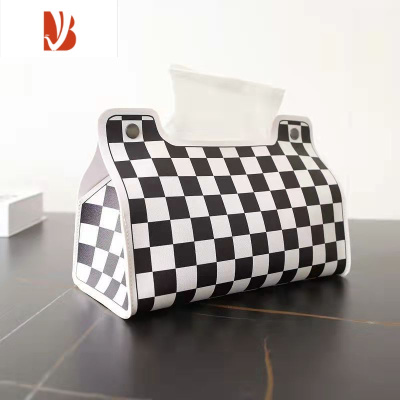 三维工匠文艺纸巾盒家用抽纸盒客厅摆设装饰车用纸巾套皮革创意纸抽盒 黑白格子[普通材料]