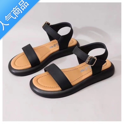 SUNTEK特价一字带凉鞋女2023年夏季新款平底舒适防滑学生穿孕妇鞋