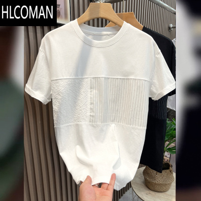 HLCOMAN2025夏季新款短袖t恤男圆领小众复古国潮痞帅拼接纯色高端半袖衫