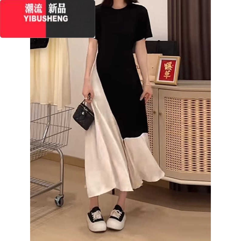 YIBUSHENG大码小众设计感假两件拼色简约气质连衣裙季黑色胖mm显瘦长裙