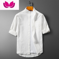 七斓七分袖衬衫男夏季韩版潮流立领帅气亚麻短袖衬衣中袖棉麻寸衫男士