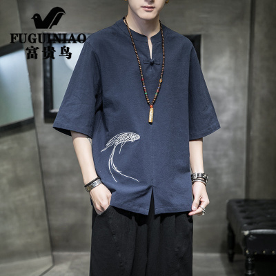富贵鸟中式复古风亚麻短袖T恤潮流薄款上衣服休闲棉麻料帅气唐装体恤衫