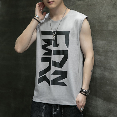 夏季新款纯棉T恤背心男士街头运动宽松潮牌无袖坎肩圆领T恤男