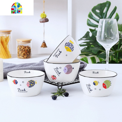 可爱好看的陶瓷盘子碗碟套装家用创意日式卡通早餐吃饭碗餐具组合 FENGHOU 4碗4盘4勺