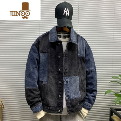 YANXU新款拼接设计感牛仔外套男款休闲宽松潮牌百搭翻领牛仔衣夹克
