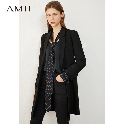 Amii极简职业装条纹拼接西装外套2020秋季新款黑色宽松外套女西服