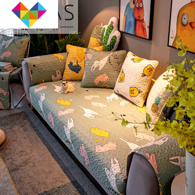 菲诗卡简约现代沙发垫套四季通用防滑布艺卡通可爱全包扶手靠背巾月影猫-豆绿90*90cm御蓝锦