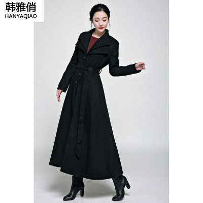 韩雅俏(HANYAQIAO)2018新品双飞领单排扣长款外套 羊毛呢子显瘦大衣