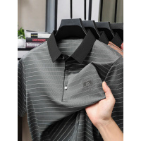 新款短袖T恤男士 2025夏季翻领条纹polo衫中年休闲商务半袖上衣潮