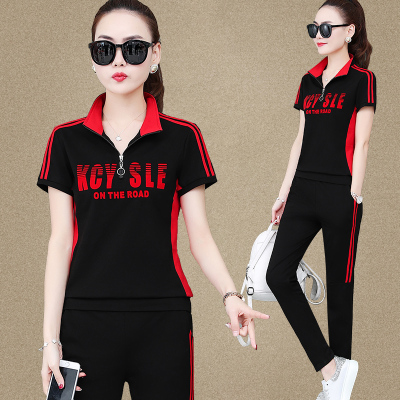 短袖长裤运动套装女春夏季2021时尚大码宽松休闲服跑步两件套闪洛