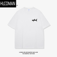 HLCOMANshark美式潮流短袖t恤男黑色宽松大码夏季新款简约半袖