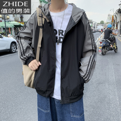SUNTEK春季原宿风衣外套男条纹帅气拼色棒球服韩版潮流宽松潮牌连帽夹克风衣