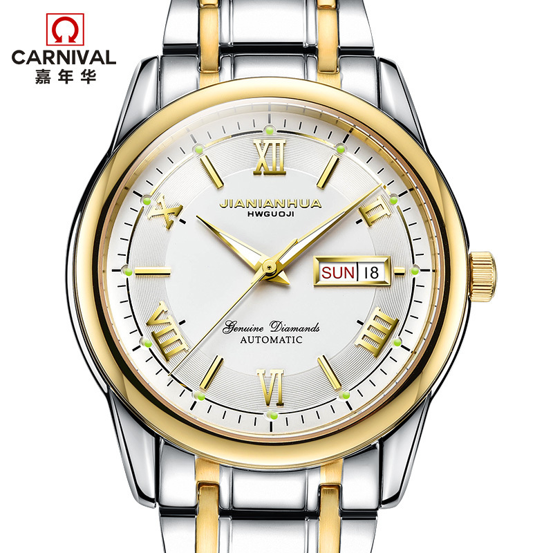 男时尚双日历精钢夜光镶水钻男表腕表金属精钢8610g