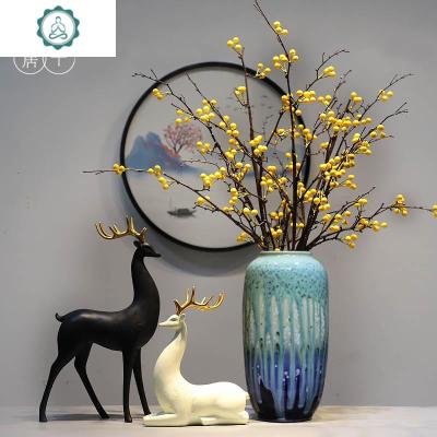 轻奢陶瓷花瓶摆件现代新中式客厅家用装饰品餐桌玄关仿真花插花器封后轻奢情侣鹿+高瓶+梧桐黄果3支