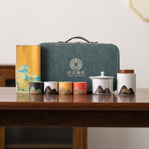 苏氏陶瓷(SUSHI CERAMICS)手绘釉画彩千里江山四色杯云壶套装雅白文创伴手礼套组