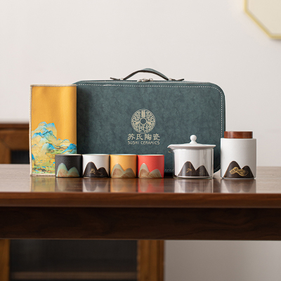 苏氏陶瓷(SUSHI CERAMICS)手绘釉画彩千里江山四色杯云壶套装雅白文创伴手礼套组