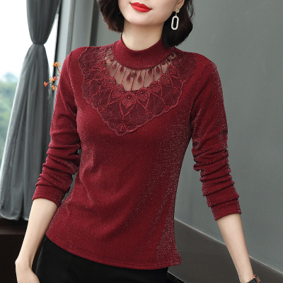 YIBUSHENG中年妈妈洋气时尚长袖t恤女春装蕾丝小衫薄款上衣内搭打底衫春秋妈妈装