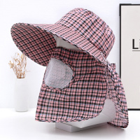 春夏新款格子防晒帽女骑车护颈透气面罩披肩帽干农活采茶帽遮阳帽