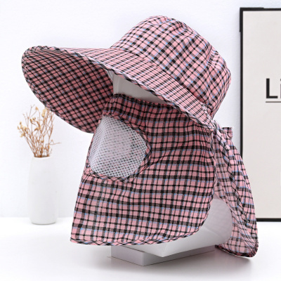 春夏新款格子防晒帽女骑车护颈透气面罩披肩帽干农活采茶帽遮阳帽