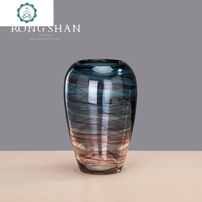 创意水墨透明玻璃花瓶客厅插花轻奢现代简约家居装饰品餐桌摆件封后蓝黑丝（高32CM）+洋百合