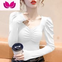 七斓方领泡泡袖上衣女法式别致辣妹短款性感T恤黑色打底衫长袖内搭秋