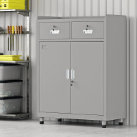 工具柜重型车间二斗双开门式五金柜铁皮储物柜多功能器材柜矮柜灰色加厚款