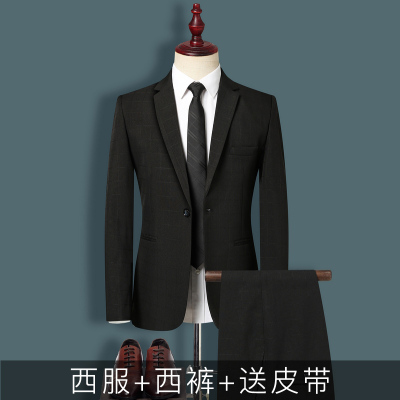 HLCOMAN西服套装男士修身三件套休闲英伦风格子西装帅气潮流新郎结婚礼服西服套装