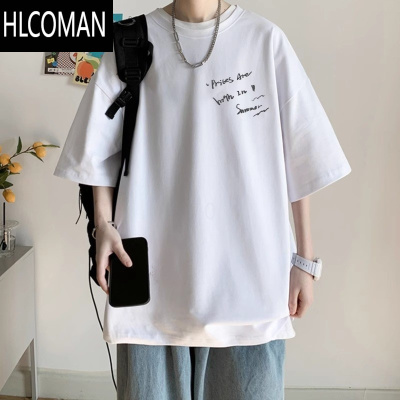 HLCOMAN港风简约黑色短袖T恤男夏季美式潮流ins宽松大码体恤上衣