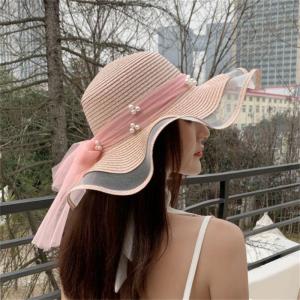 夏季新款帽子女丝带蝴蝶结大檐草帽户外旅游防晒遮阳帽沙滩太阳帽