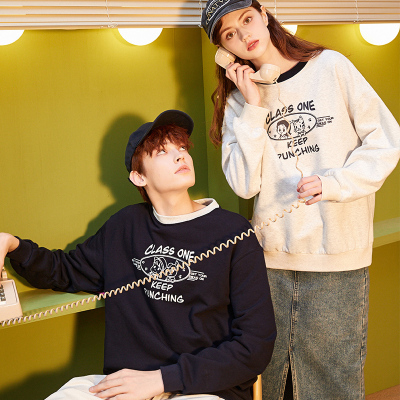 [3件8.5折93.4元,叠加优惠券]唐狮春秋季新款圆领情侣卫衣男生领口撞色简笔画可爱情侣装女