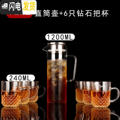 三维工匠冷水壶玻璃可高温北欧风凉水壶套装大容量家用防爆泡茶壶耐热水 不锈钢盖直筒壶1.2+6只钻石把杯开水不裂破损包赔