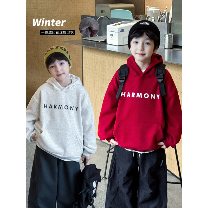 童酷男童冬款韩版字母印花连帽宝宝上衣时尚加绒加厚儿童卫衣