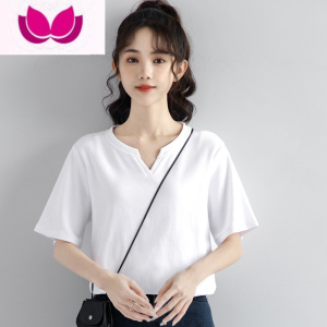 七斓白色T恤女短袖夏季宽松显瘦半袖ins潮流小v领衫休闲打底上衣