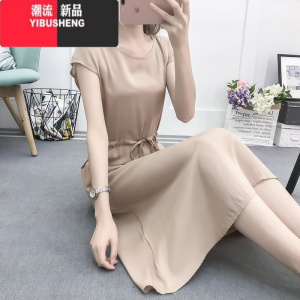 YIBUSHENG纯色棉绸连衣裙中长款沙滩裙季时尚外穿绵绸大码显瘦抽绳人造棉