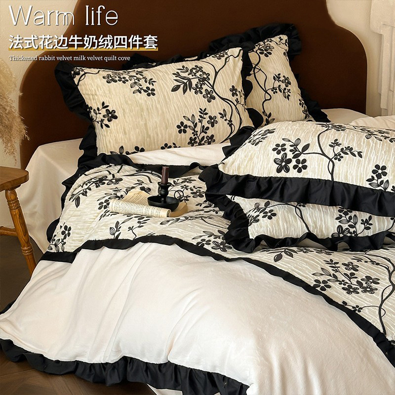 A类赫本风浮绒四件套法式花边牛奶绒被罩床单新款床上用品4