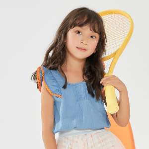 [1件3折价:49.5]米喜迪mecity童装夏女童天丝牛仔小飞袖刺绣短袖衬衫