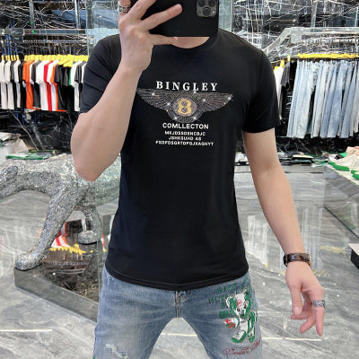 欧洲站抖音网红快手男T恤短袖男装烫钻潮牌圆领上衣丝光棉