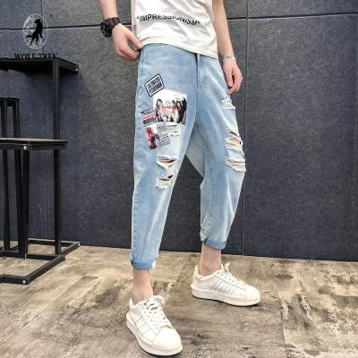 WOLFTREK男装街头潮流破洞牛仔裤男夏季薄款潮流青年小伙红九分裤宽松哈伦裤