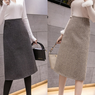 冬款毛呢半身裙女高腰A字裙中长款千鸟格一步裙包臀裙2020年新款威珺
