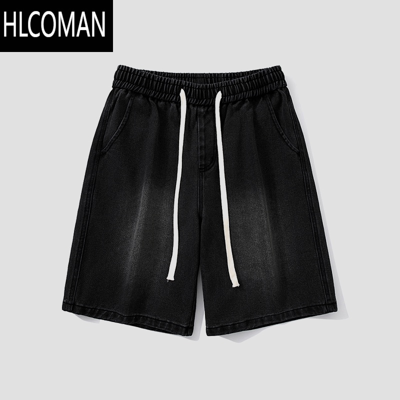 HLCOMAN黑色牛仔短裤男潮流宽松休闲五分裤夏季薄款复古水洗男款运动裤子
