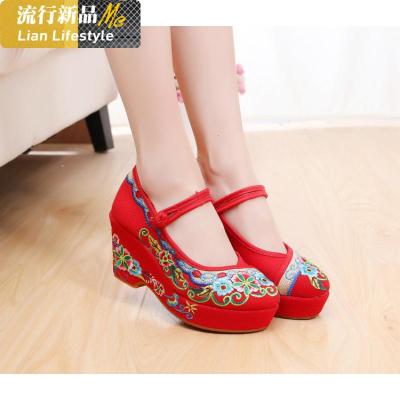 新款民族风单鞋绣花鞋红色新娘鞋坡跟厚底女婚鞋知义(ZHIYI)休闲鞋