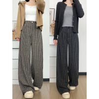 格子裤子女新款黑白秋季慵懒高腰休闲显瘦小个子直筒阔腿裤_604