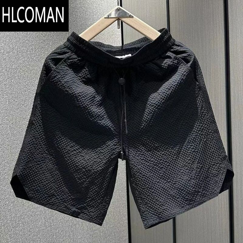 HLCOMAN夏季新款泡泡格休闲短裤男士潮牌百搭纯色百搭速干冰丝五分裤